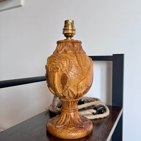 Vintage Olive Wood Lamp - 1960s Bethlehem Bedside Table Light UK