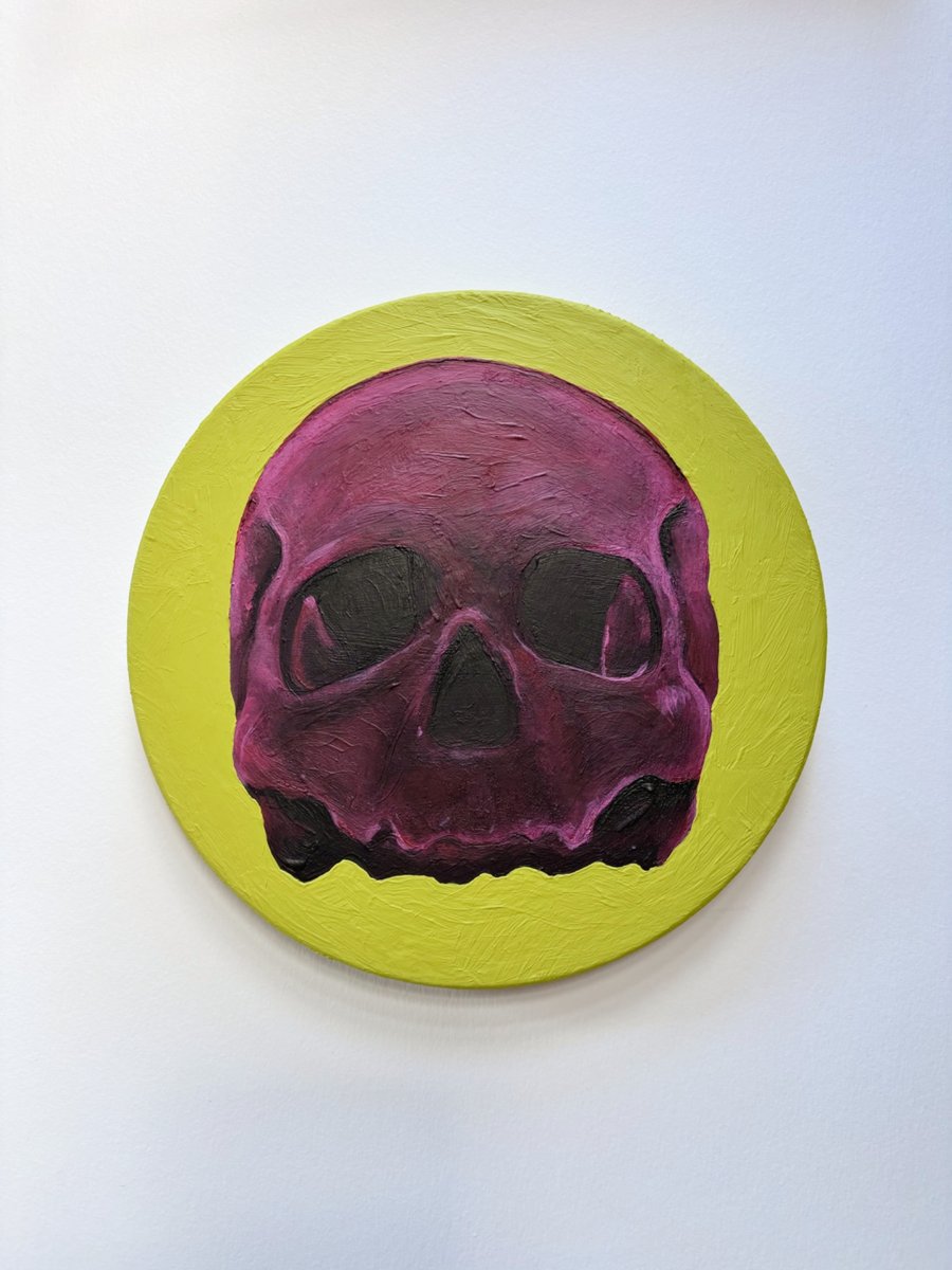 Acrylic original gothic graphic artwork pink human skull painting lime green 