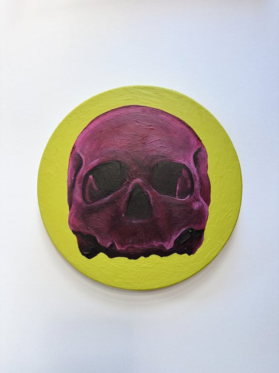 Acrylic original gothic graphic artwork pink human skull painting lime green 