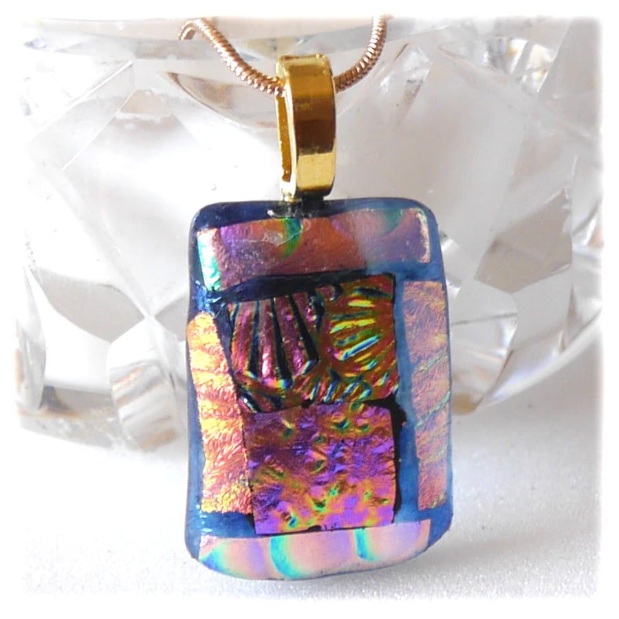 Dichroic Glass Pendant 214 Plum Teal Patchwork Handmade with gold plated chain