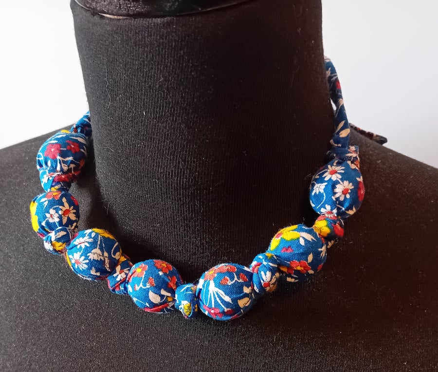 Blue Flowers Fabric Bead Necklace