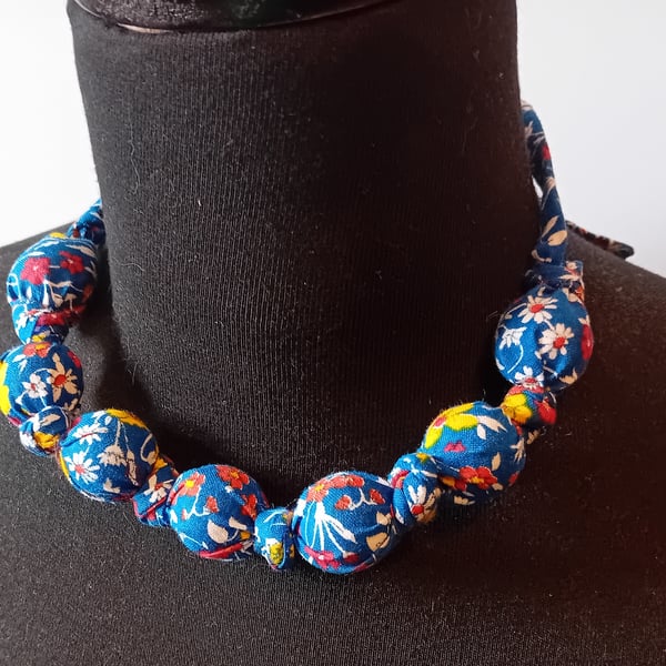 Blue Flowers Fabric Bead Necklace