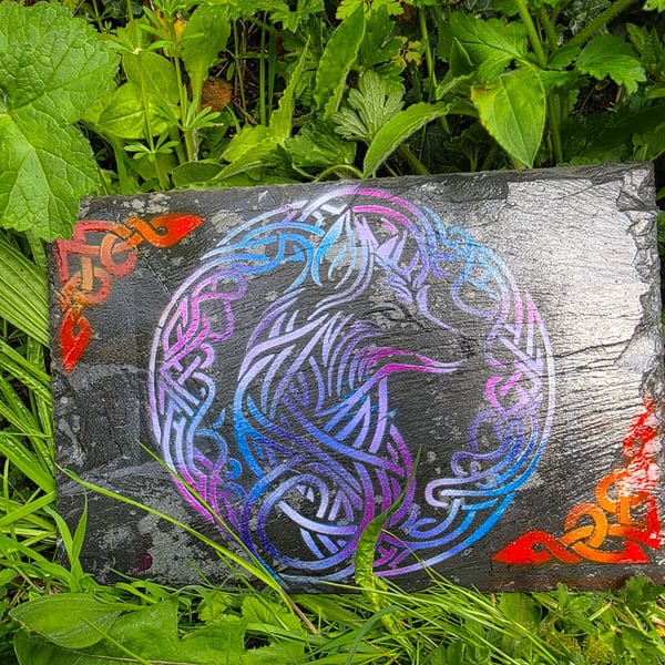 Hand painted slate celtic wolf