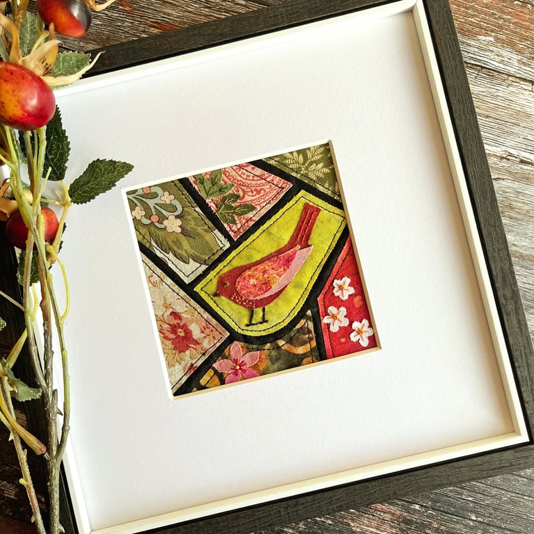 Mosaic-style fabric bird picture, textile art, textile bird, gift for bird lover