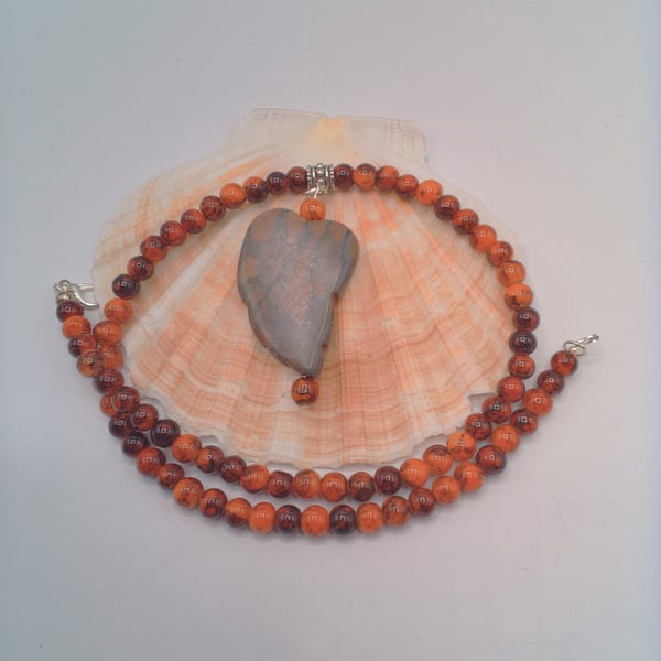 Orange and Brown Bead Necklace with Stylised Jasper Leaf Pendant, Gift for Him