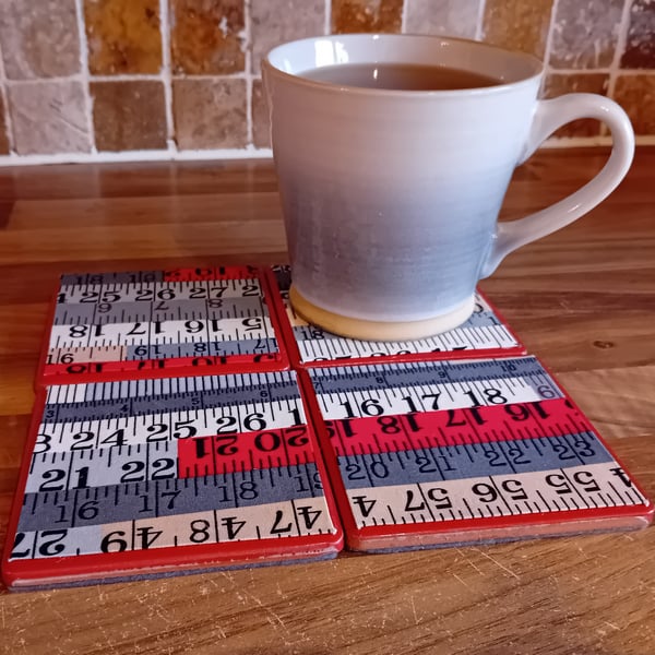 Measuring Tapes (Red) - Ceramic Tile Set of 4 Coasters Perfectly Imperfect
