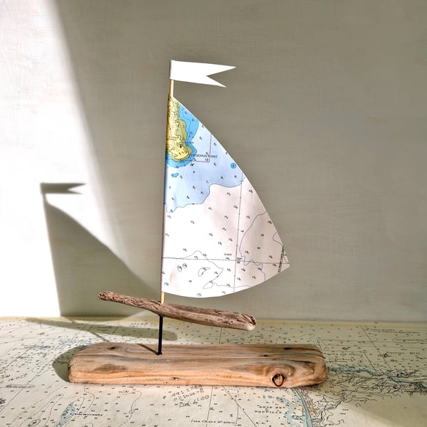 Cornwall - Falmouth Bay driftwood sailboat ornament, authentic nautical map sail
