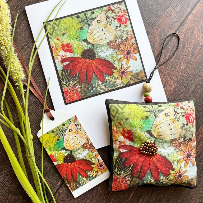 Handmade lavender bag with matching card and tag, butterfly lover