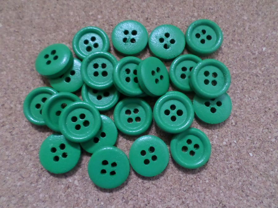 25 x 4-Hole Painted Wooden Buttons - Round - 15mm - Green