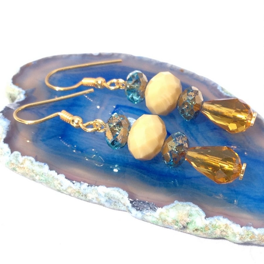 Blue & Honey Coloured Crystal Earrings