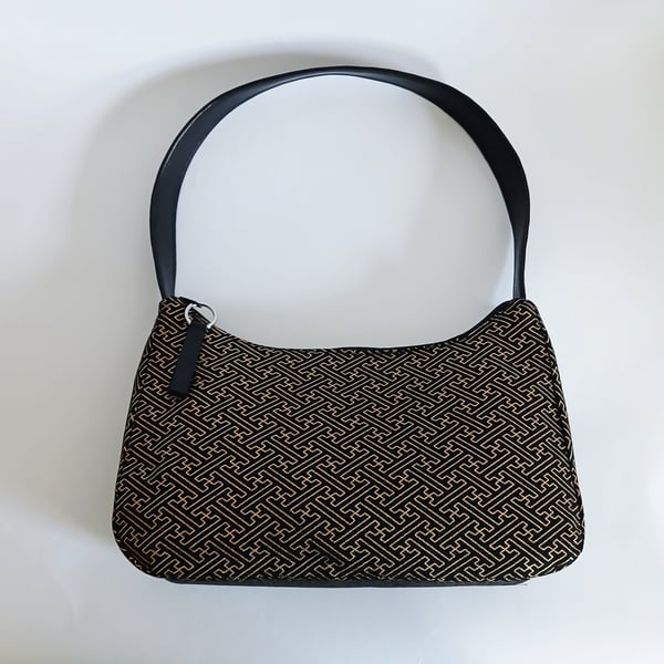 Elegant Handmade Japanese Fabric "Baguette" Sholder Bag - Geometric Gold & Black