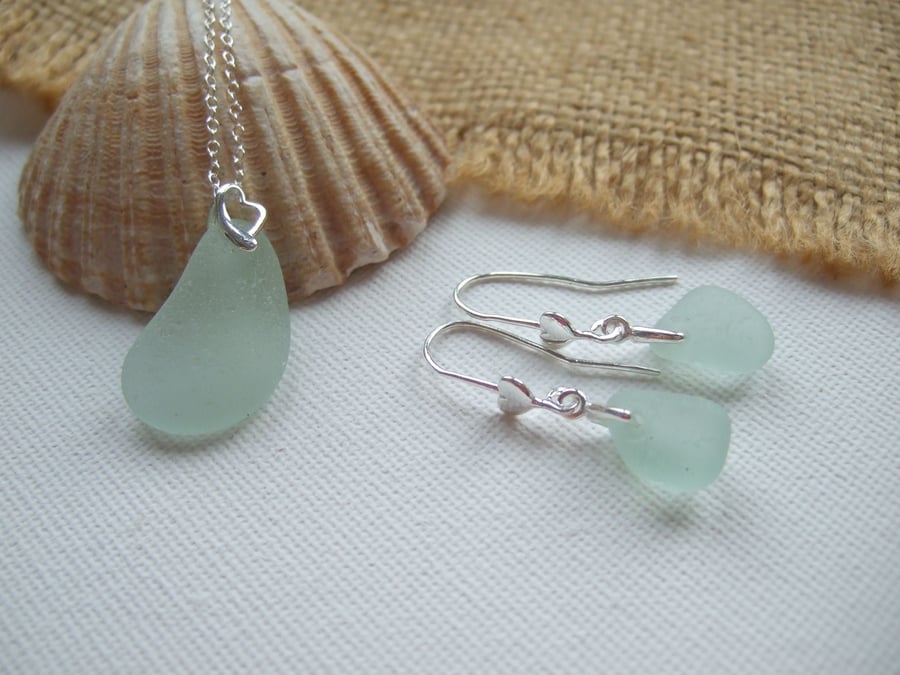 Scottish sea glass jewelry set, necklace and earrings beach glass set, sea foam 