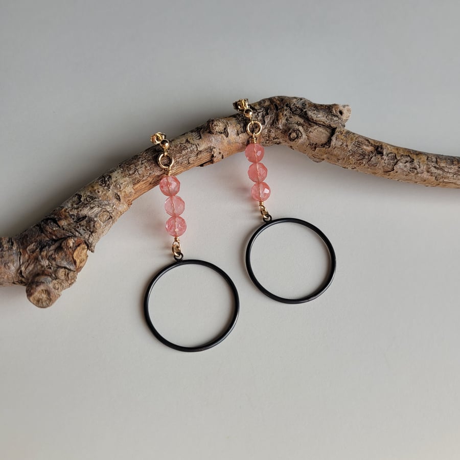 Cherry Quartz and Oxidised Silver Hoop Dangle Earrings