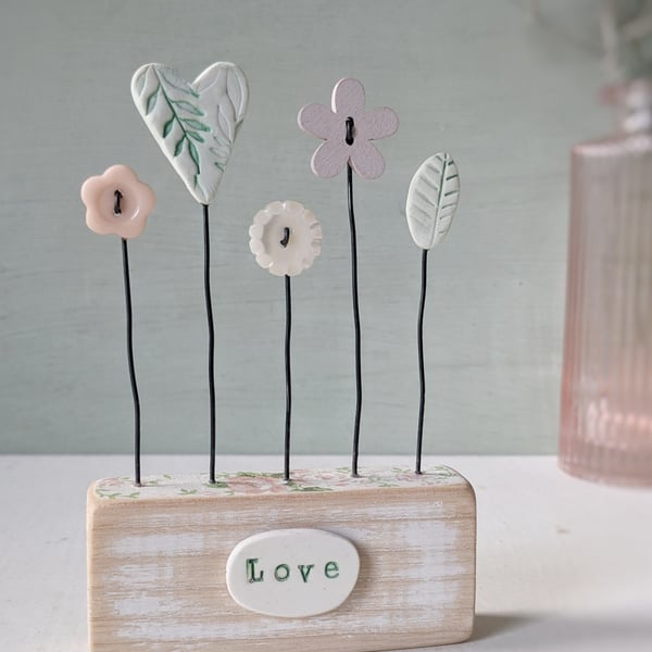 Clay and Button Flower Garden in a Wood Block 'Love'