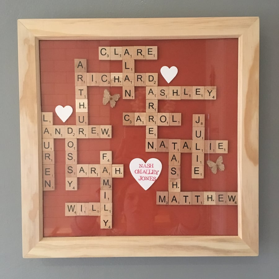 Bespoke handmade Scrabble letter large (12") family pictures (over 10 words)
