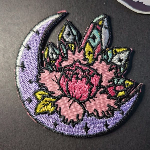 Crystal Lotus & Crescent Moon Embroidered Iron-On Patch - 6.8cm