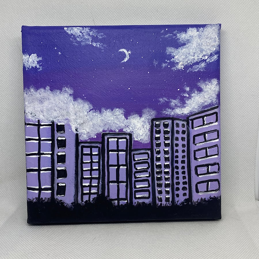 Original Acrylic Painting Night City Sky Skyscraper 