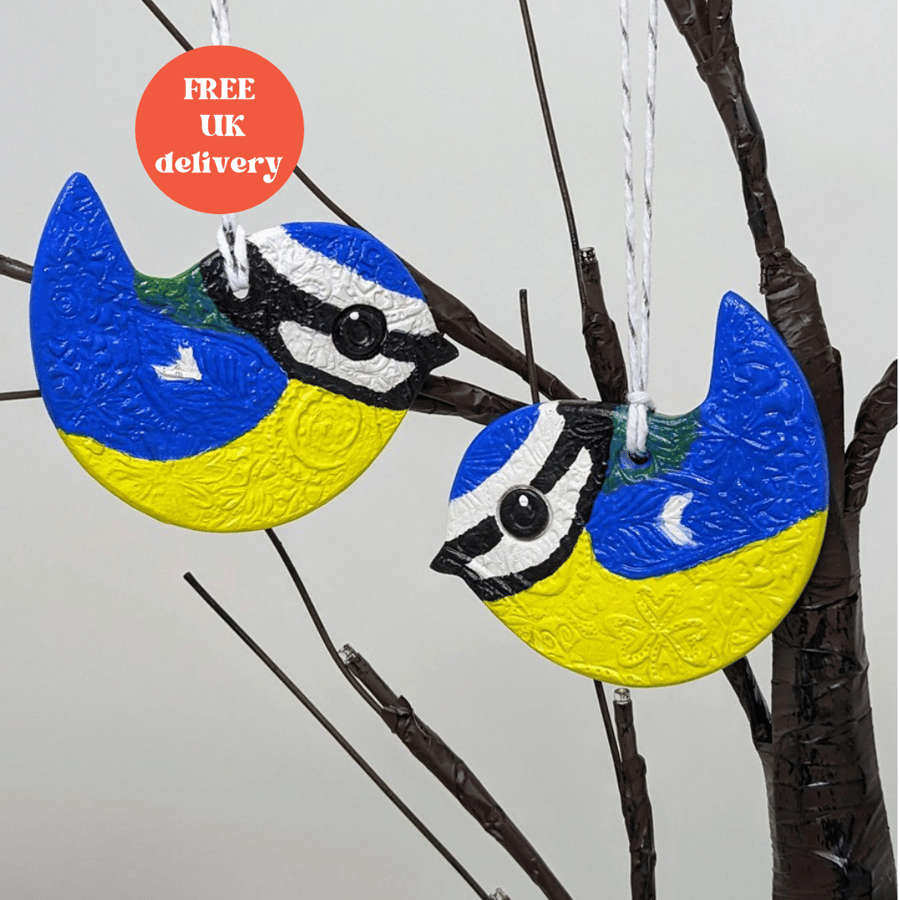 Bluetit clay bird hanging decoration, garden bird gift for a bird lover