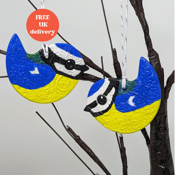Bluetit clay bird hanging decoration, garden bird gift for a bird lover