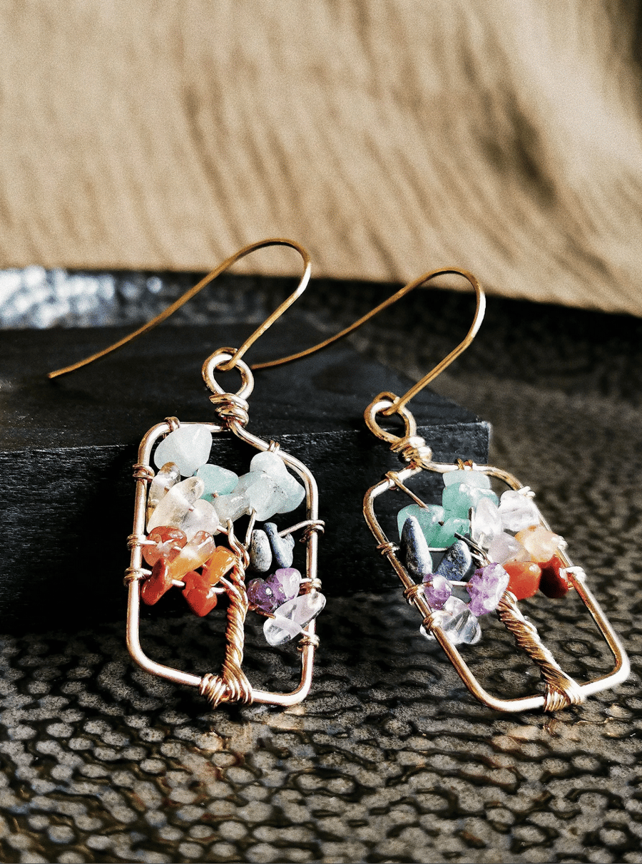 Tree of life brass jewellery, brass earrings with stones, gift for her 