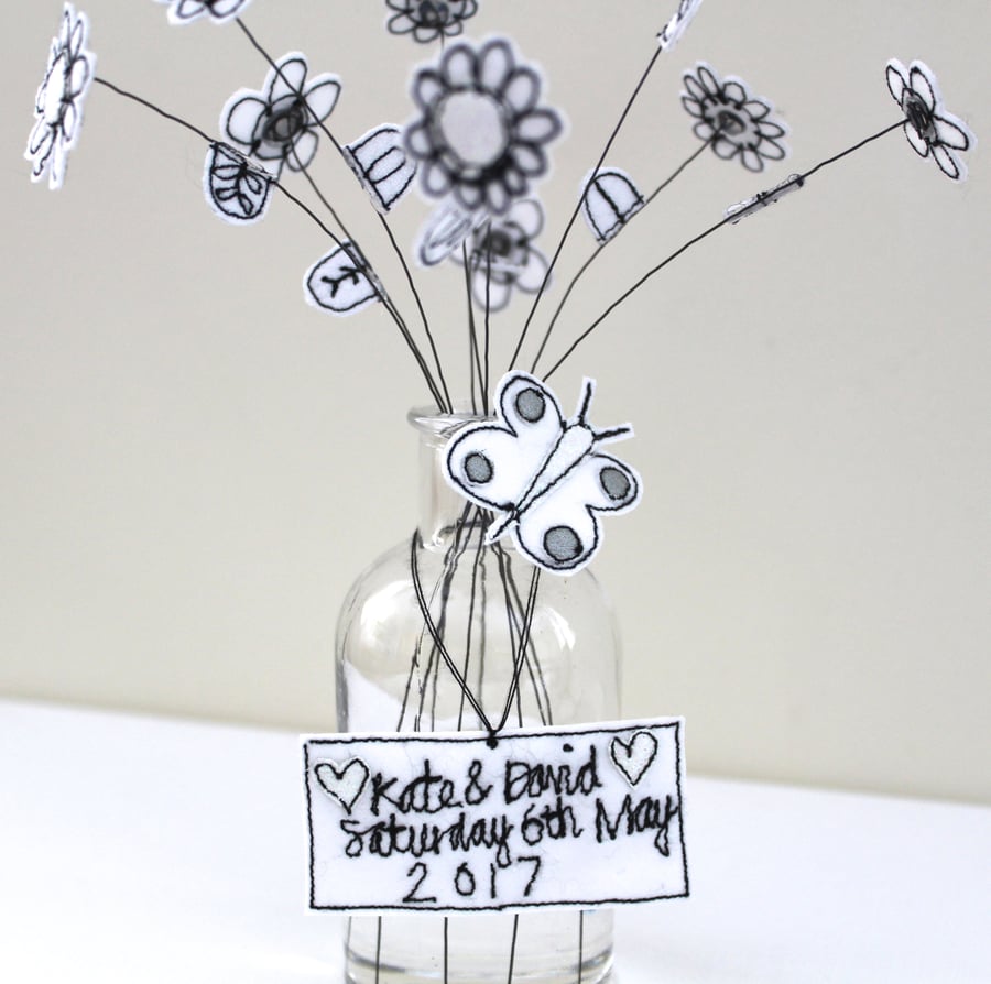 'Flowers and a Butterfly in Whites' in a Bottle - Wedding Decoration
