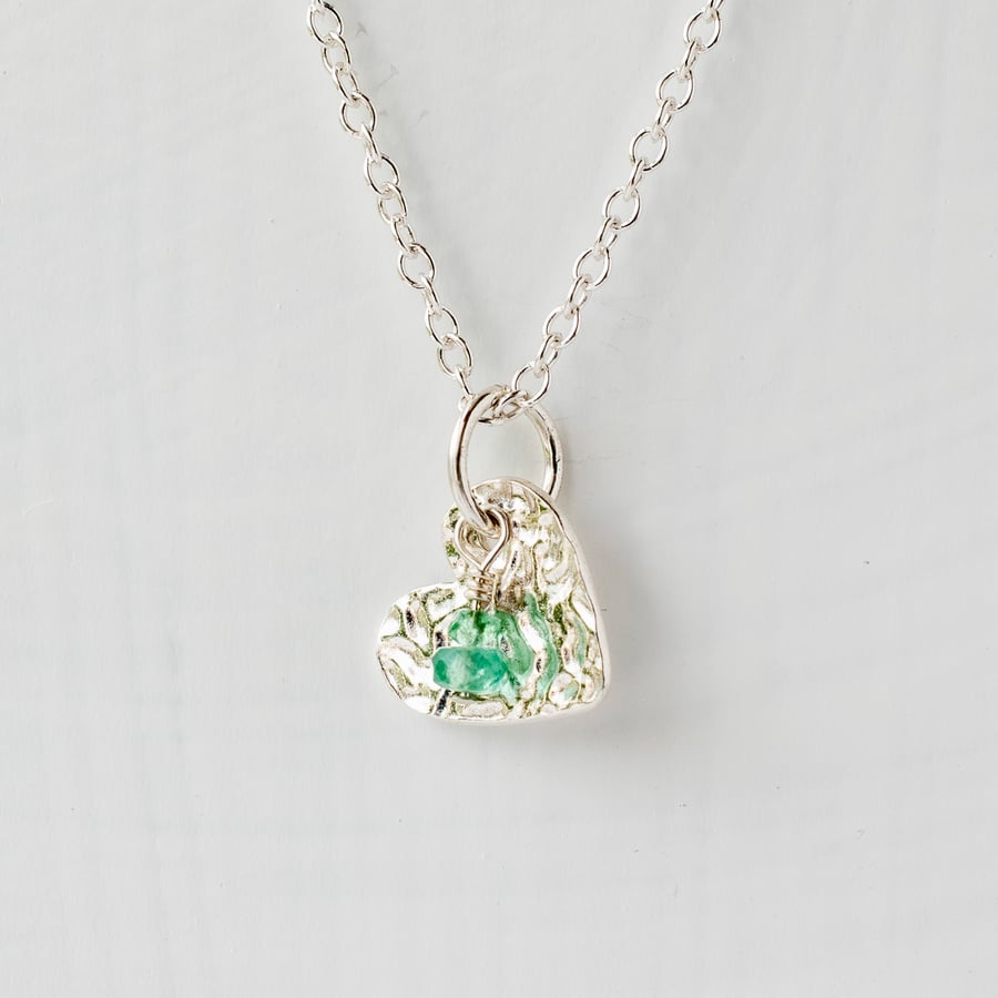 Emerald with Fine Silver Heart Pendant Necklace
