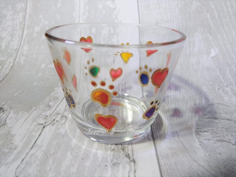 Hand painted glass tealight holder, pawprints and hearts. Pet memorial.