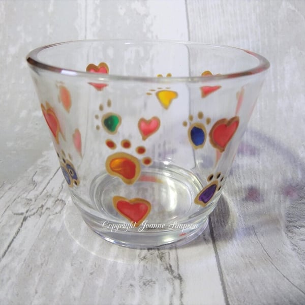 Hand painted glass tealight holder, pawprints and hearts. Pet memorial.