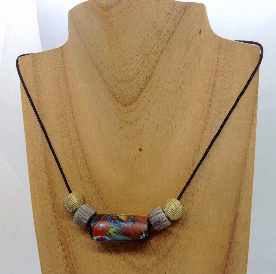 Cord necklace with African and Nepalese beads for men or women