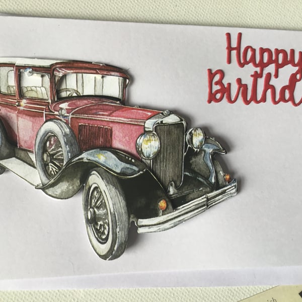 birthday card. Decoupage classic car. CC722