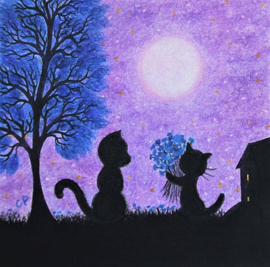 Cat Flowers Card, Daughter Mother Day Card, Black Cat Art Card