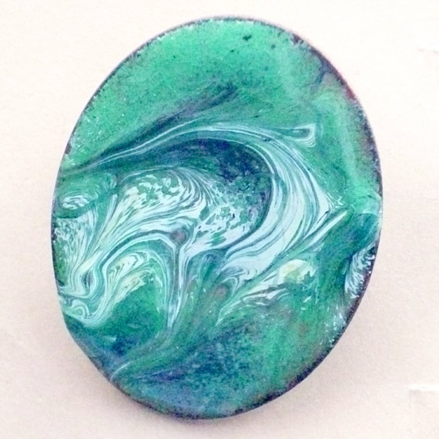 enamel brooch - scrolled white and purple over green