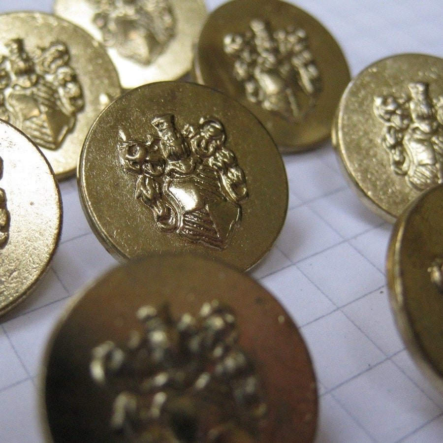 10 Small Gold Metal Coat of Arms Shank Buttons