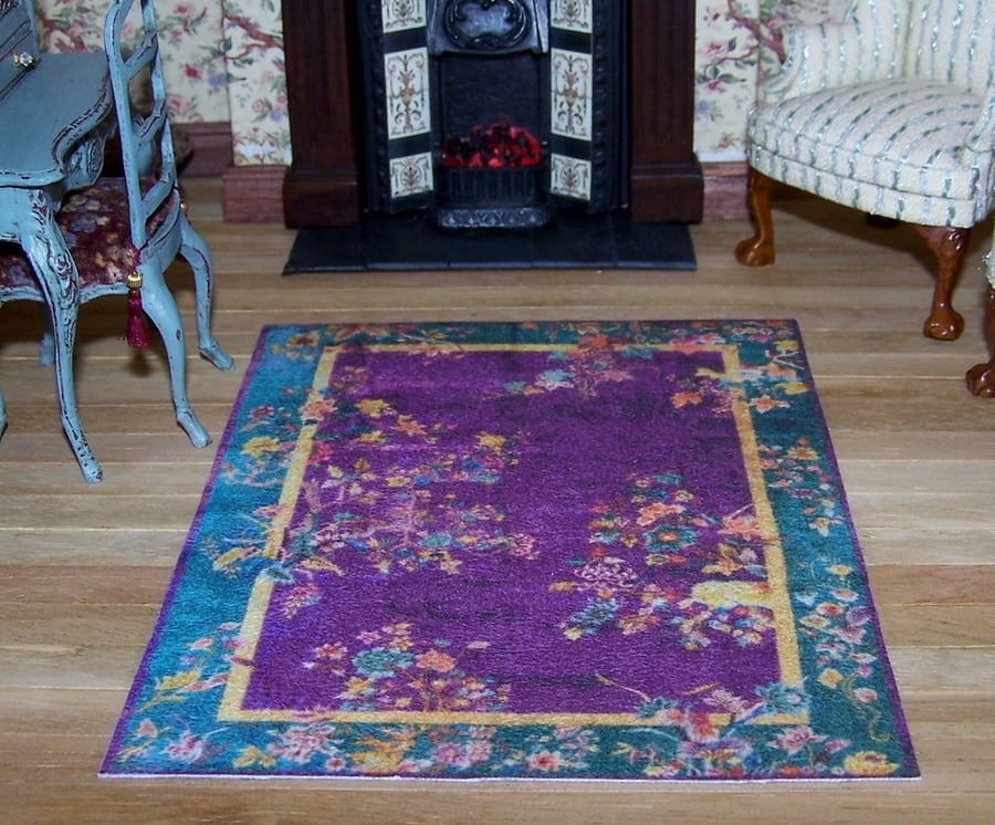 Miniature Art Nouveau carpet for Dolls' House Chinese Purple & Turquoise