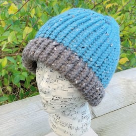 Blue Fisherman’s Style Hat. Chunky Knit Beanie. Chunky Knit Hat. Woolly Hat.