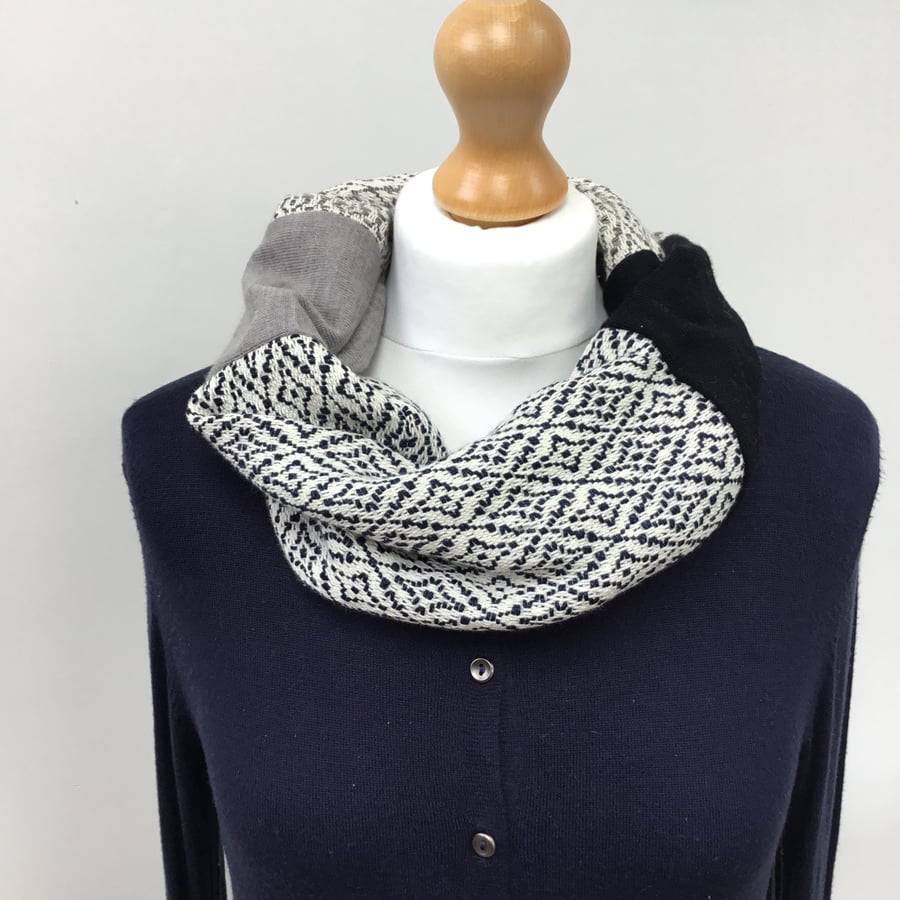 Handwoven grey infinity cowl scarf woven with cotton and fused with merino