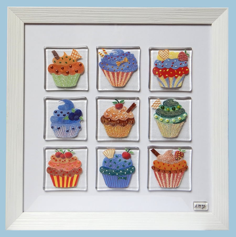 Handmade Fused Glass 'CUP CAKES' framed picture.