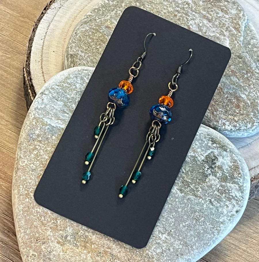 Colourful blue and orange Czech glass bead bohemian waterfall earrings