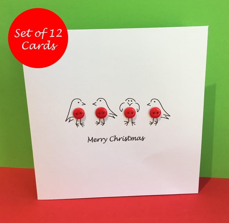 Christmas Card Set - Pack of 12 Cute Robin Cards with Buttons - Handmade Cards