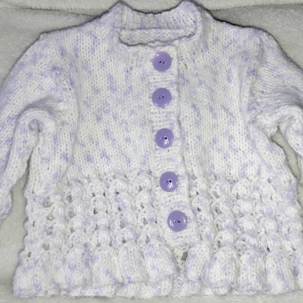 Baby's cardigan, speckled lilac, lace effect cardigan 