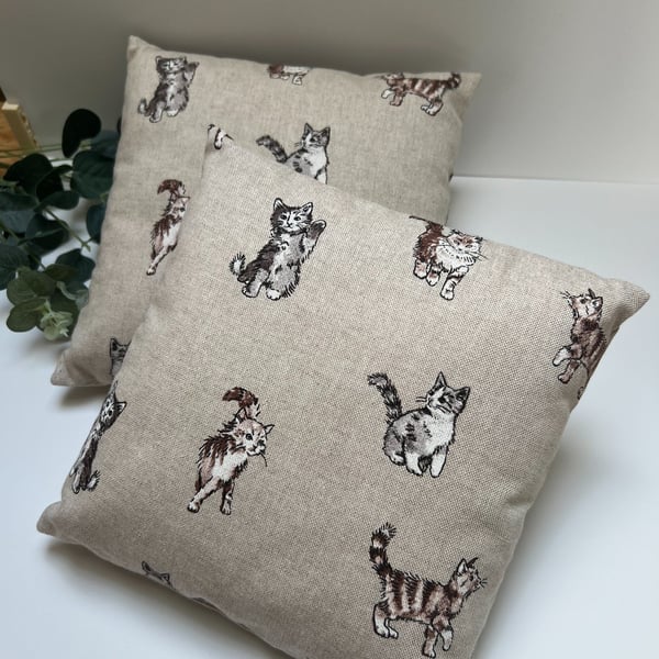 Pair of Square Mini Cushions in Cat Cotton Rich Linen Fabric - Home Decor