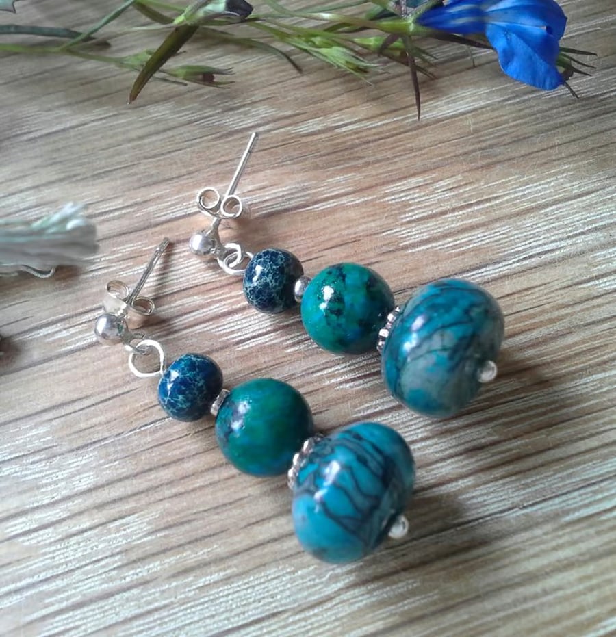 Turquoise Colour Picture Jasper Silver Plated Stud Earrings