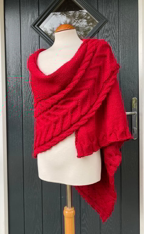 Hand Knitted Handmade Cables Textured Red Wool Triangle Shawl Wrap Scarf