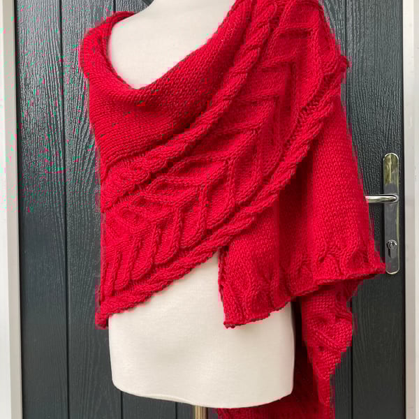 Hand Knitted Handmade Cables Textured Red Wool Triangle Shawl Wrap Scarf