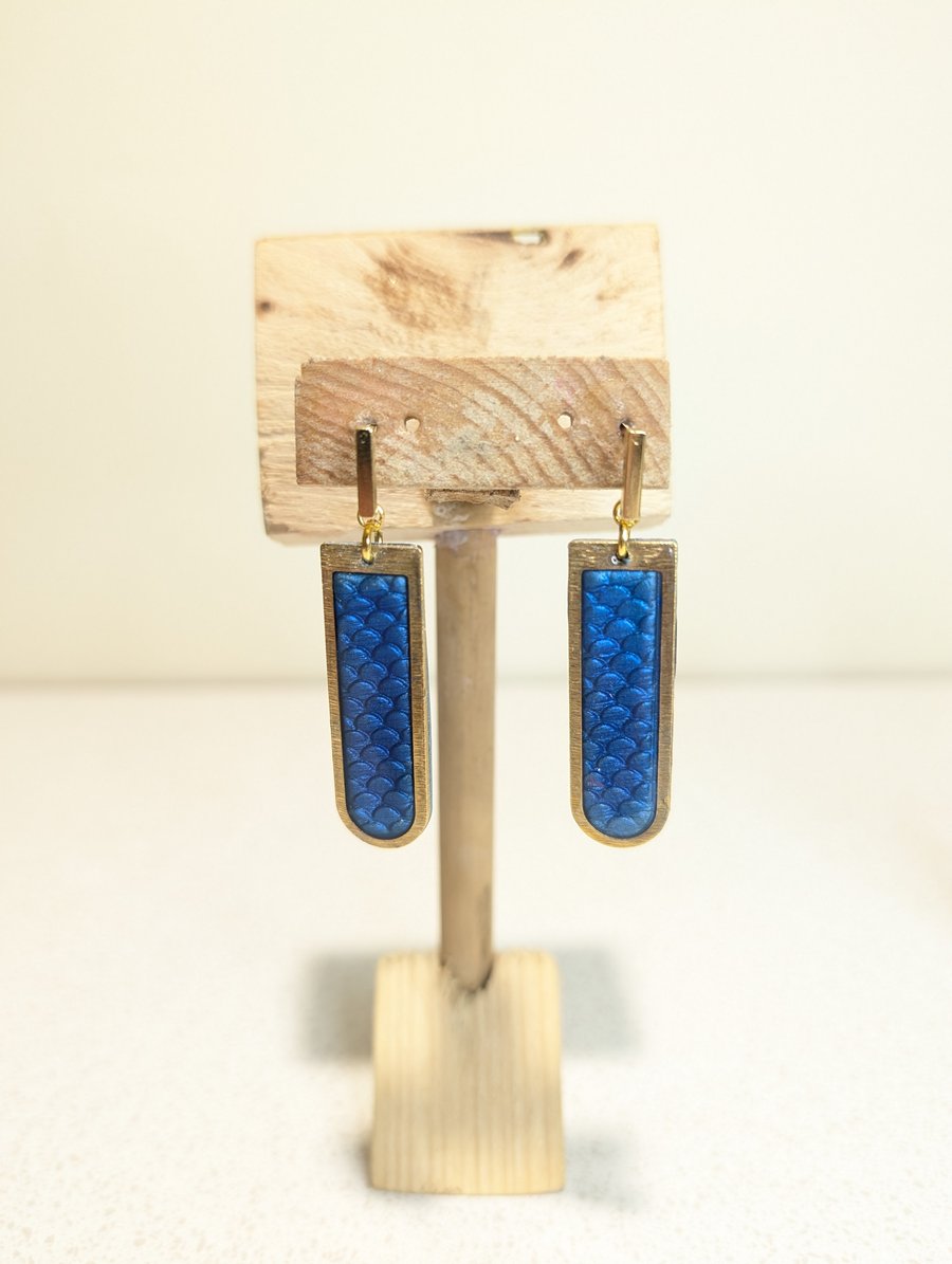 Blue mermaid shimmer long dangle earrings 