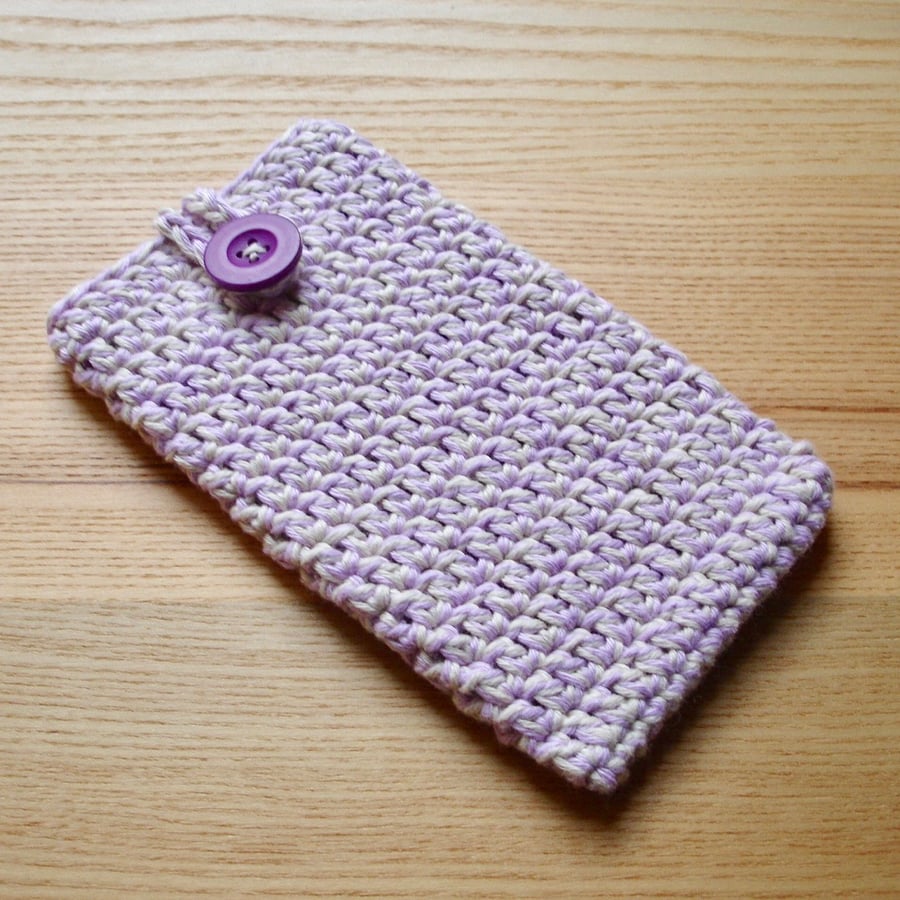 Lilac Cream Marl Crochet Mobile iPhone 6 7 Plus Cozy with Button