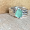 Handmade Welsh Sage Green Sea Glass & Silver Stacking Ring Set Size N