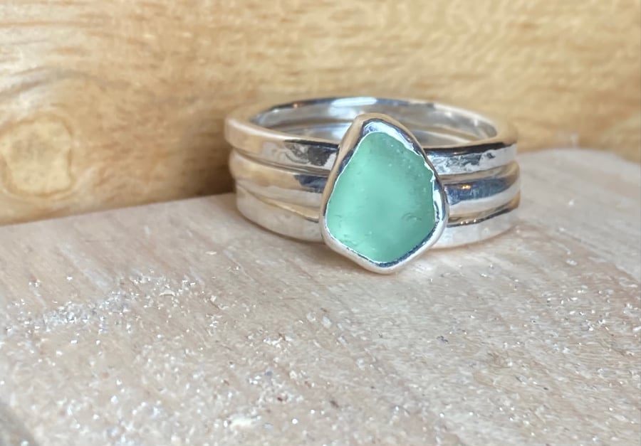 Handmade Welsh Sage Green Sea Glass & Silver Stacking Ring Set Size N