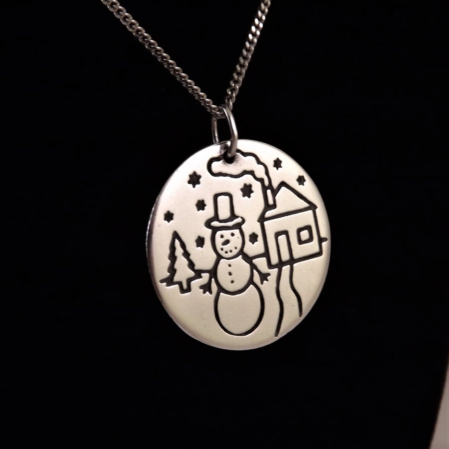 Snowman Pendant, Silver Christmas Necklace, Handmade Winter Gift