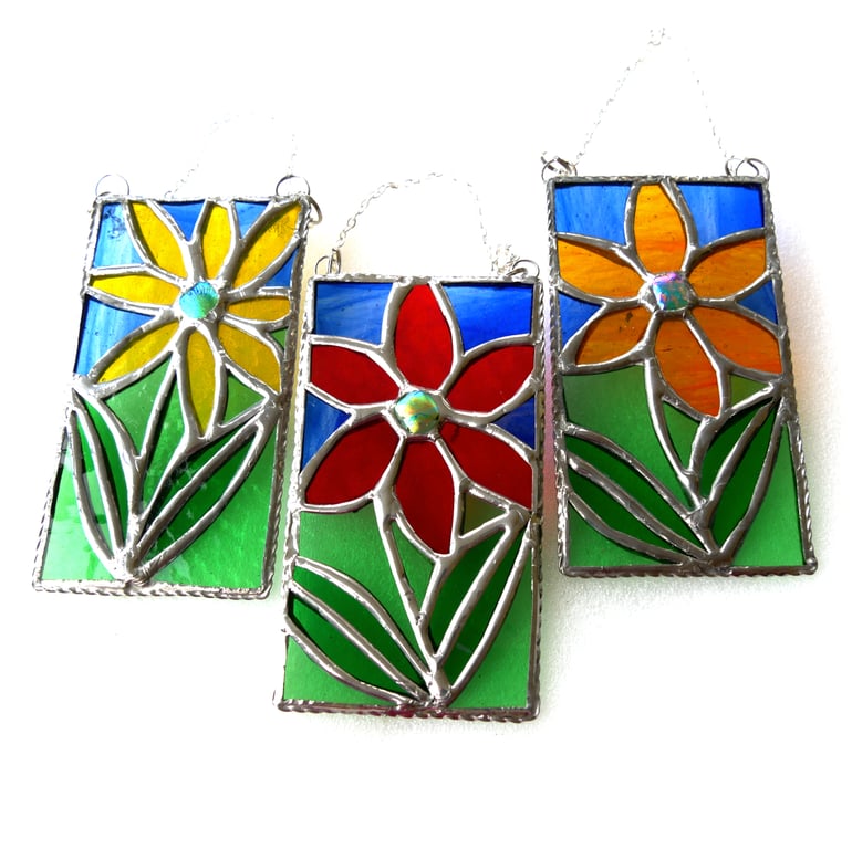 Flower Picture Stained Glass Suncatcher Art Red Yellow Orange Handmade Floral